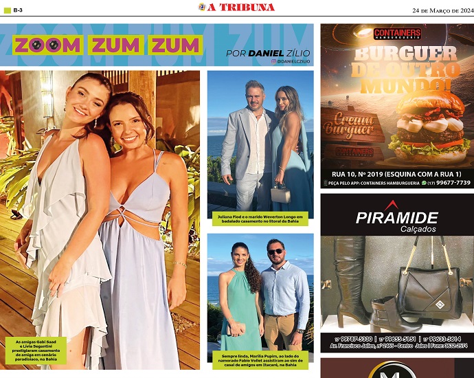 ZOOM ZUM ZUM: confira na coluna do jornal A Tribuna, os jalesenses que estiveram em luxuoso casamento na Bahia