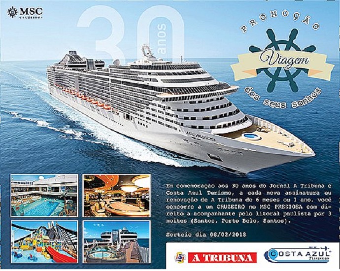 30 ANOS: Costa Azul Turismo e jornal A Tribuna vão sortear um cruzeiro marítimo. Vem ver como concorrer!