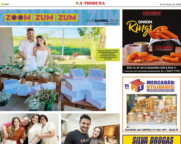 ZOOM ZUM ZUM: a coluna no jornal A Tribuna destacou a pré-festa de casamento de Mariana Claudino e Thales Sarambelle